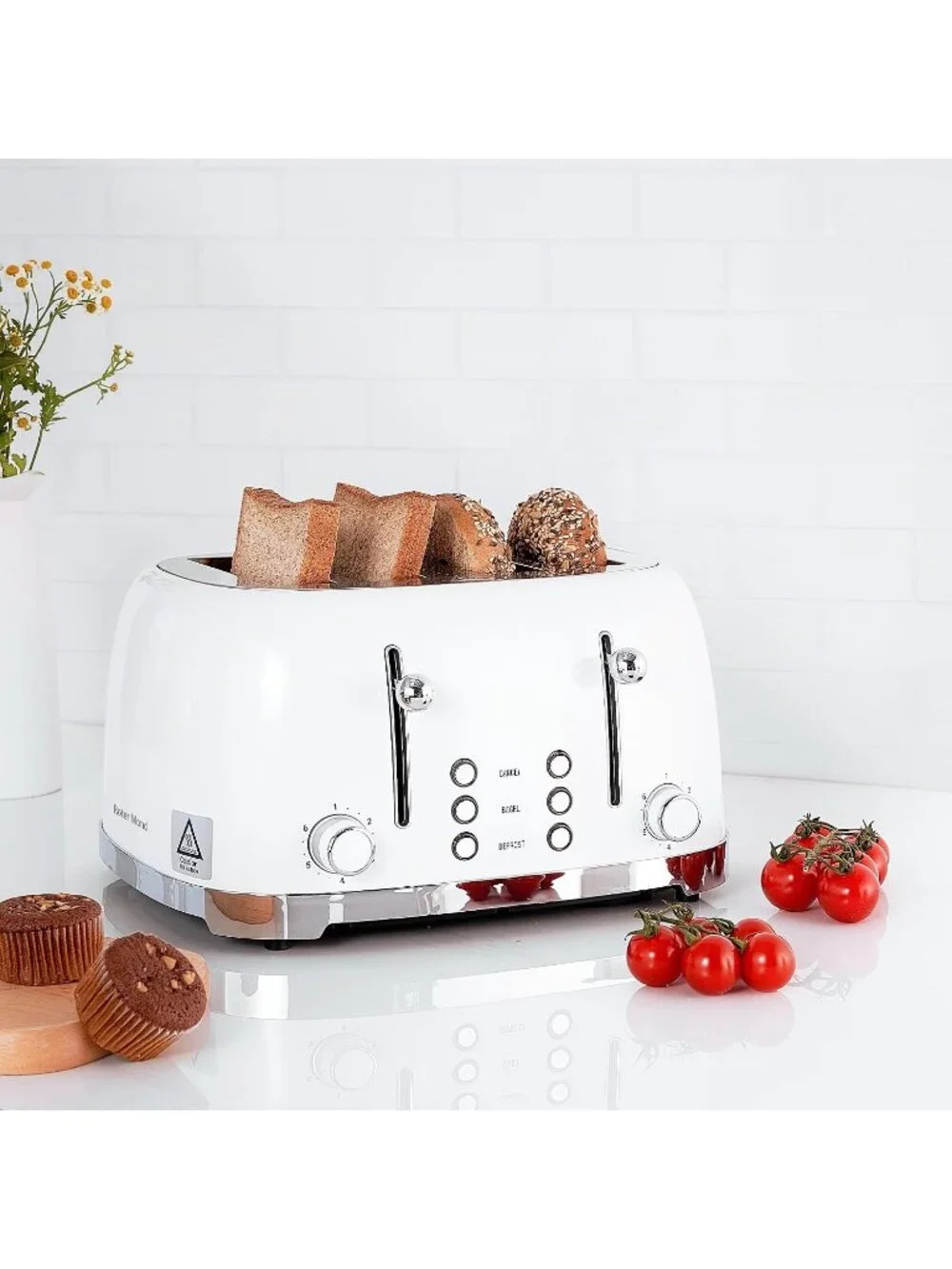 4 Slice White Retro Stainless Steel with Bagel Defrost Cancel Function Toaster